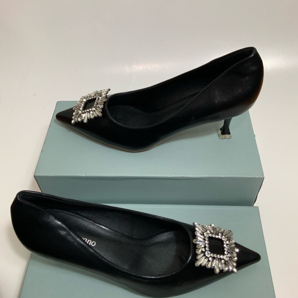 C.PARAVANO Black Crystal Buckle Pumps Size 6.5 US / 37 EU Kitten Heels Elegant - Picture 9 of 10